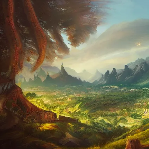 Image similar to panorama of a valley filled with a forest and a village, medieval, fantasy, oil painting, by rossdraws