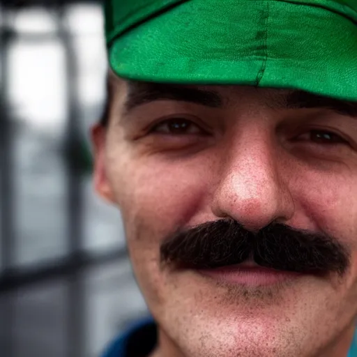 Prompt: a close - up photo of a man who looks like luigi from game, ultra hd, iphone, 3 0 mm, global illumination