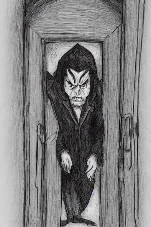 Prompt: a grumpy vampire impatiently waiting at the front door of a household, waiting to be offered entry, arms crossed