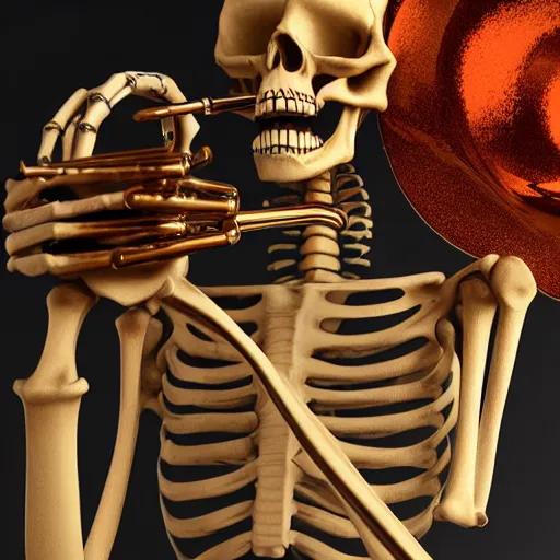 Image similar to a skeleton playing the trumpet, 3 d render, octane, ray tracing, ultra high resolution, ultra detailed, photorealistic, 8 k