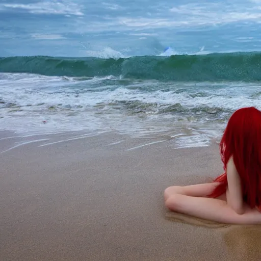 Prompt: drowned redhead princess on beach,