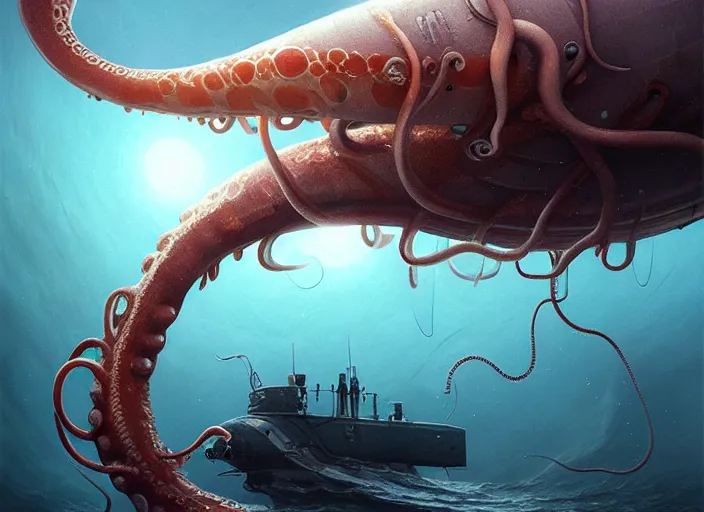 Prompt: highly detailed illustration giant squid wrapping its tentacles around a submarine, artstation, cinematic lighting, hyperdetailed, cgsociety, 8k, high resolution, Charlie Bowater, Tom Bagshaw, Norman Rockwell, insanely detailed and intricate