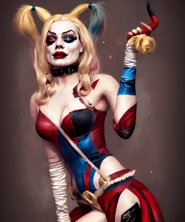 Prompt: margot robbie as harley quinn at the circus by charlie bowater and artgerm, full body portrait, intricate, face, carnival, elegant, beautiful, highly detailed, dramatic lighting, sharp focus, trending on artstation, artstationhd, artstationhq, unreal engine, 4 k, 8 k