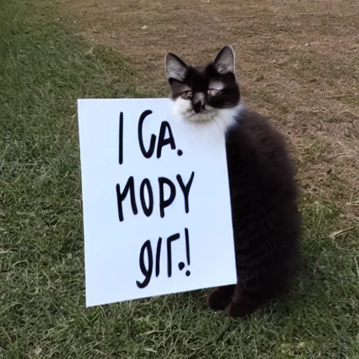 Prompt: Furry fluffy cute cat holding up a blank sign