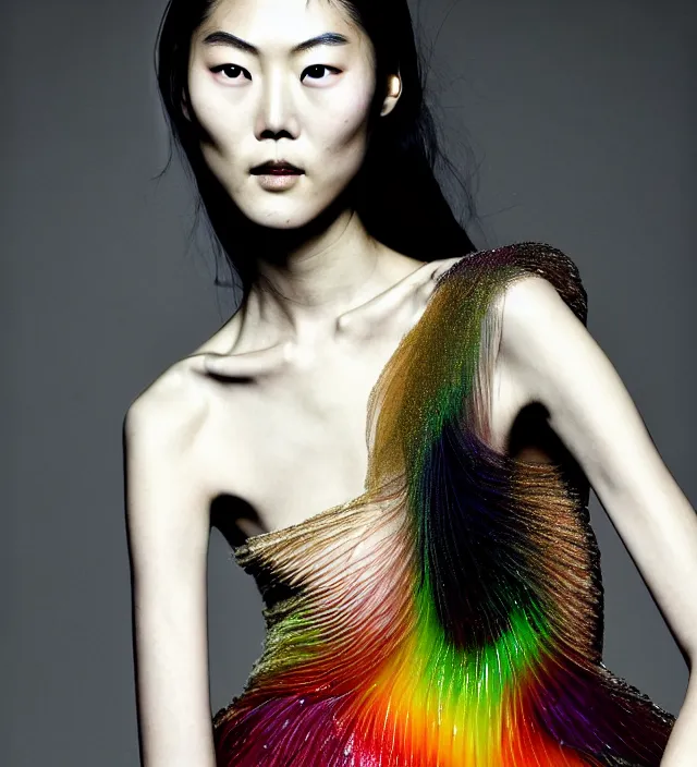 Image similar to photography american portrait of liu wen, natural background, sensual lighting, natural fragile pose, wearing stunning dress by iris van herpen, with a colorfull makeup. highly detailed, skin grain detail, photography by paolo roversi, nick knight, helmut newton, avedon, araki