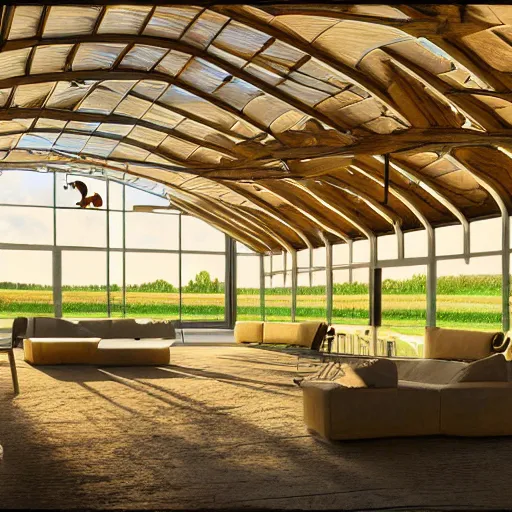 Image similar to interior view of modern futuristic farm barn architecture and interior design, lounge chairs, sofas, cows, chickens, pigs, wall art, detailed luminescent oil painting 4 k