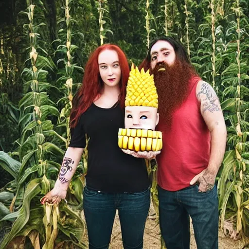 Image similar to photo of an attractive couple. The woman has long straight red hair. The man has a dark thick beard and tattoos. They are holding a giant corn. The corn has the face of a baby human.