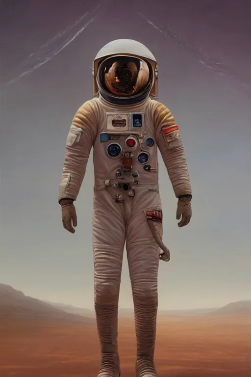 Image similar to a stunning ultra realistic fine art painting of an astronaut walking on Mars, by tom bagshaw, studio portrait, muted colors, detailed hair, 4K