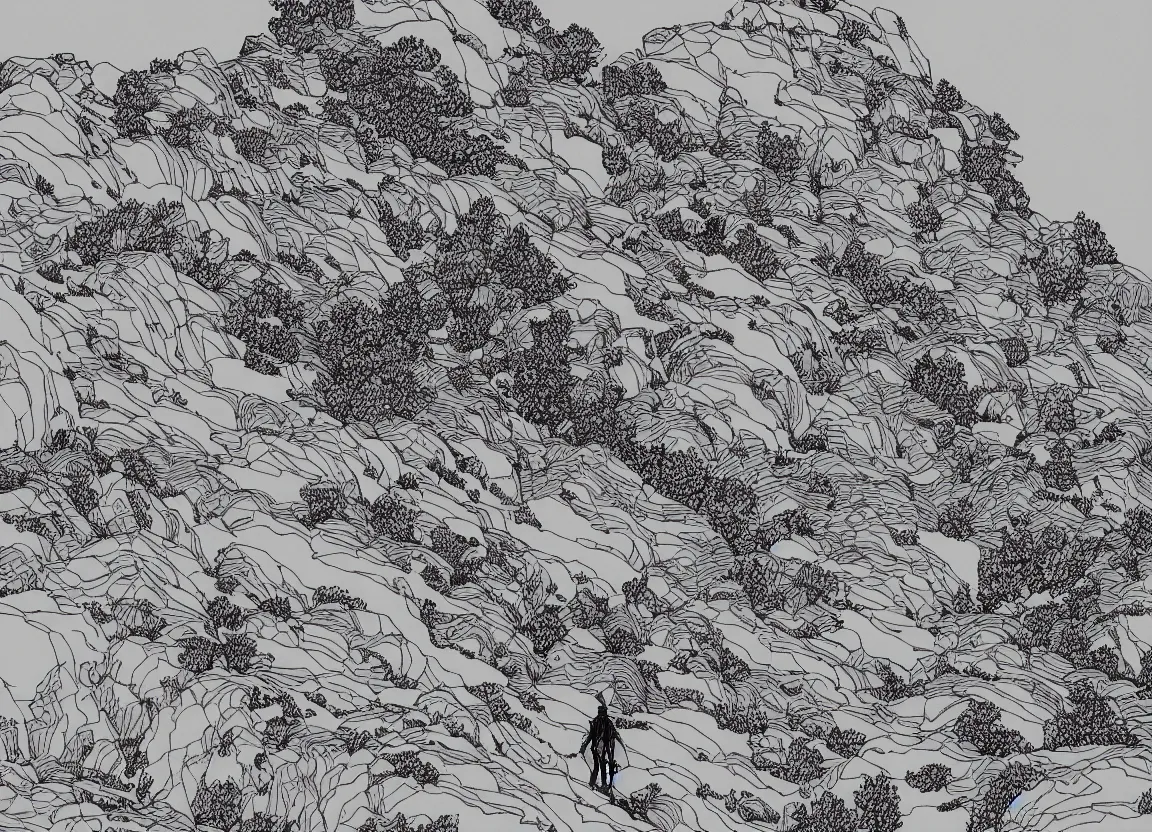 Image similar to backpacker standing on ridgeline in utah, minimalist line art by moebius, clean long lines, ultra detailed