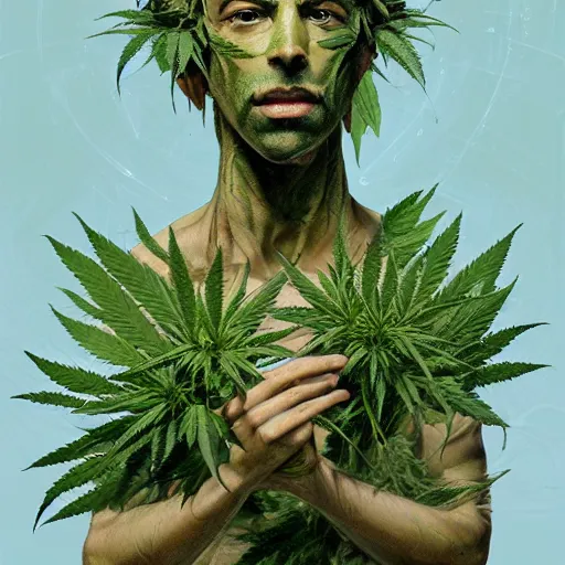 Image similar to a man made of hemp, with a head in the form of a cannabis bloom, like young grut, green skin, character, art by james jean and greg rutkowski!!, realistic face, digital art, chibi style, golden ratio, perfect composition, trending on artstation, 8 k