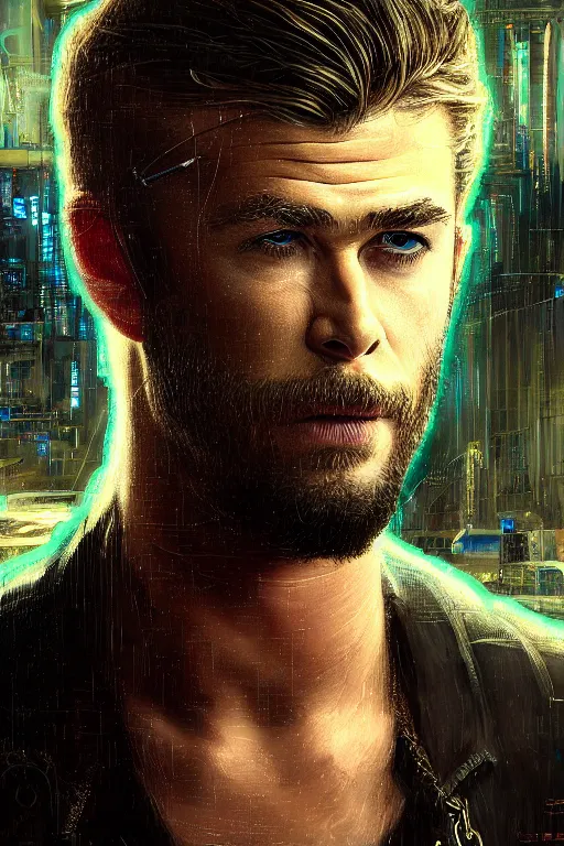 Image similar to hyperrealist cyberpunk portrait of a young ducktail bearded middle eastern chris hemsworth, it is decorated with long computer wires and computer monitors in the cyberpunk office background. by jeremy mann and alphonse mucha, fantasy art, photo realistic, dynamic lighting, artstation, poster, volumetric lighting, very detailed faces, 4 k, award winning