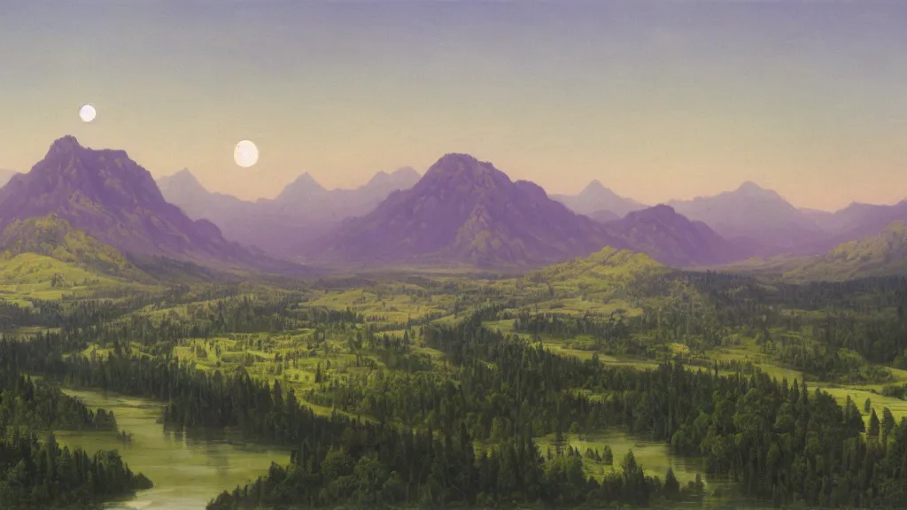 Image similar to The most beautiful panoramic landscape, oil painting, where the mountains are towering over the valley below their peaks shrouded in mist. The moon is high in the sky producing a warm glow and the sky dark purple and filled with stars and cirrus clouds. The river is winding its way through the valley and the trees are vivid green, by Greg Rutkowski, aerial view