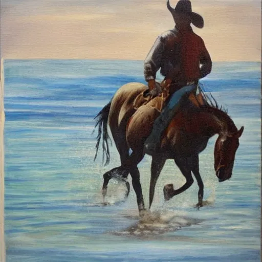 Prompt: a painting of a cowboy riding a seahorse