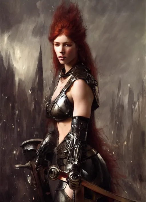 Image similar to beautifull young redheaded muscular woman wearing black medieval armour, by gaston bussiere, bayard wu, greg rutkowski, giger, maxim verehin, greg rutkowski, masterpiece, sharp focus, cinematic lightning