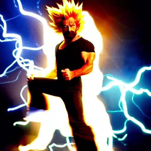 Image similar to uhd candid photo of cosmic chuck norris as a super sayian powering up, glowing, global illumination, studio lighting, radiant light, detailed, correct face, elaborate intricate costume. photo by annie leibowitz