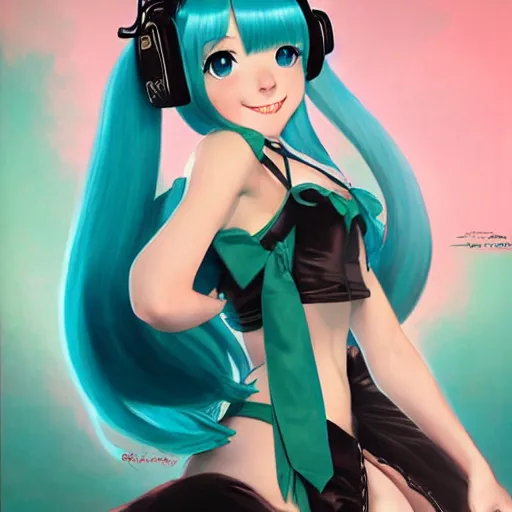 Image similar to Hatsune Miku by Gil Elvgren and Daniela Uhlig