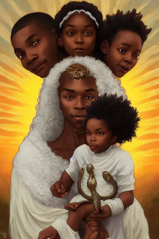 Image similar to a cinematic portrait of a beautiful african-american family photograph close up moment of a young sun god and moon goddess magician family with child, portrait, wearing wide sunhat, Frozen Klaus film, godrays digital painting, artstation, concept art, illustration, Frozen II art masterpiece by art by Krenz Cushart, Artem Demura, alphonse mucha, yoji shinkawa, ArtGerm, Jon Lothian, Danilo Torres, Adi Meyers, Thomas Reimann, Gaston Bussiere, Disney