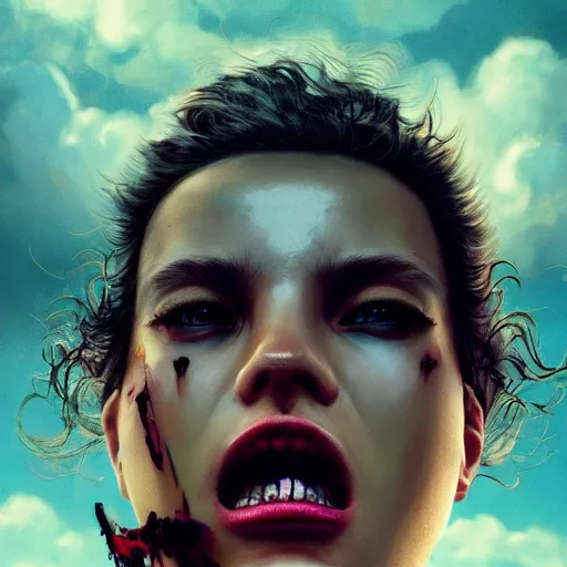 Prompt: close - up, screaming fashion model face, sun, cinematic, clouds, vogue cover style, dystopian art, poster art, futuristic, bright mood, fantasy artrealistic painting, intricate oil painting, high detail, 3 d, by tooth wu and wlop and beeple and greg rutkowski