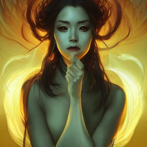 Image similar to female japanese fire elemental, ghostly form, transparent, d & d, highly detailed, digital painting, artstation, concept art, sharp focus, illustration, cinematic lighting, art by artgerm and greg rutkowski and alphonse mucha