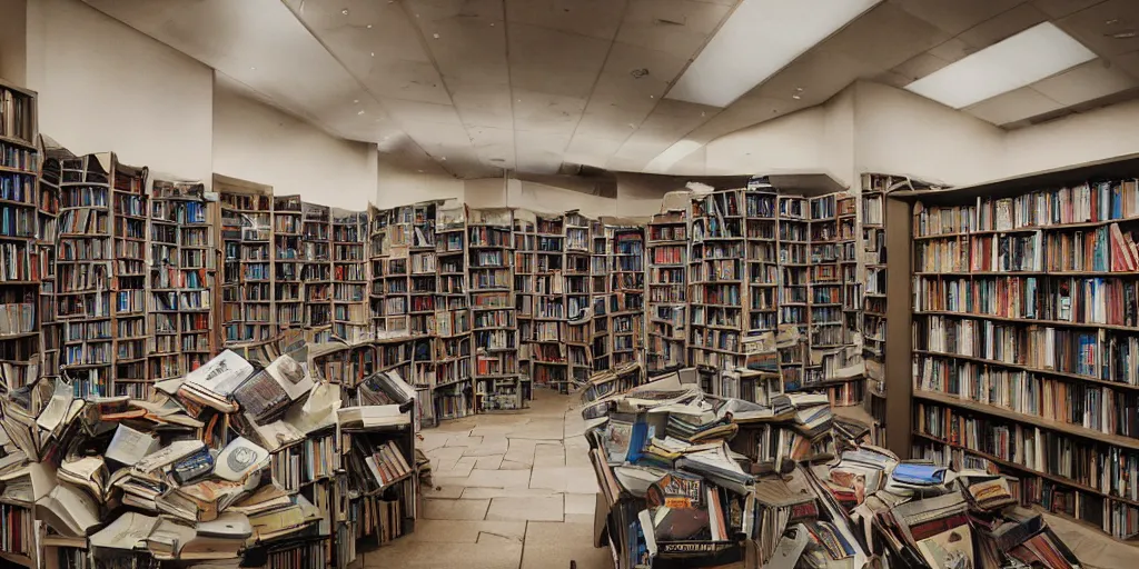 Image similar to eerie abandoned bookstore in the mall at night, anime!, scattered books on the floor, blue lighting, award - winning photorealistic digital art