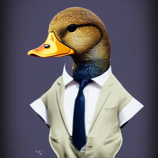 Image similar to a high detail photo of an antropomorphic duck wearing a suit, trending on artstation