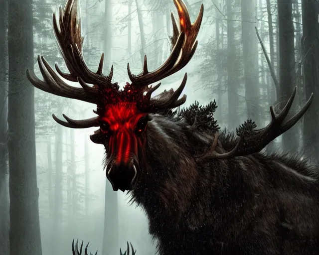 Image similar to 5 5 mm close up portrait photo of an armored demonic burning moose with red eyes and antlers and looking at the camera, in a magical forest. dark atmosphere. art by greg rutkowski and luis royo. highly detailed 8 k. intricate. lifelike. soft light. nikon d 8 5 0.