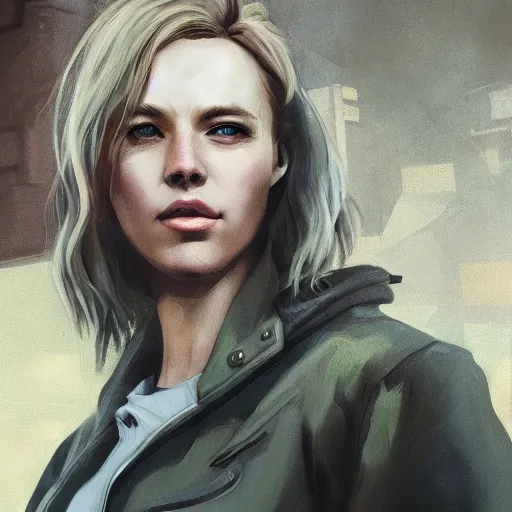 Image similar to fallout 5, charismatic beautiful rugged blonde female protagonist, portrait, outdoors ruined cityscape, atmospheric lighting, painted, intricate, volumetric lighting, beautiful, daytime, slight overcast weather, sharp focus, deep colours, ultra detailed, by leesha hannigan, ross tran, thierry doizon, kai carpenter, ignacio fernandez rios