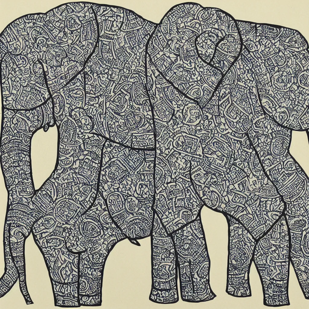 Prompt: block print, cubist style, simple, colored elephant art