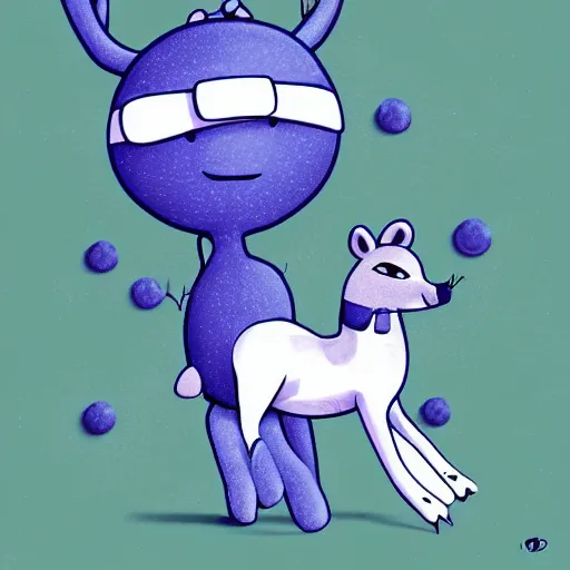 Image similar to a big and round anthropomorphic blueberry deer being rolled by his raccoon husband, digital art