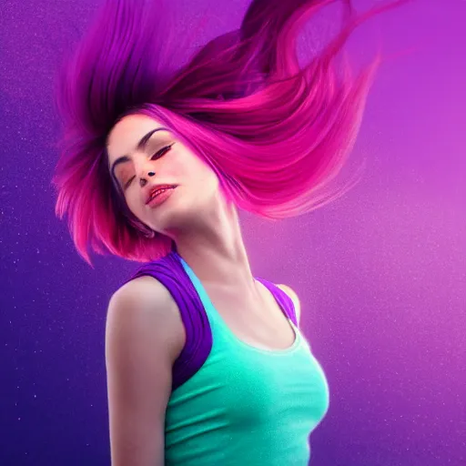 Prompt: a award winning half body portrait of a beautiful woman in a croptop with a ombre purple pink teal hairstyle with head in motion and hair flying, outrun, vaporware, vivid colors, highly detailed, fine detail, intricate
