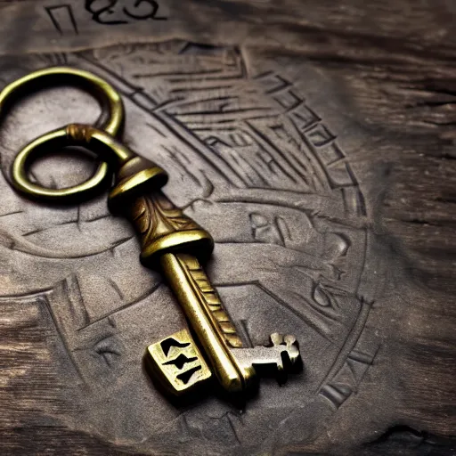 Image similar to a large ornate key with gems and engraved runes, on a rough wooden dungeon table, very dark, d & d, underexposed macro photo