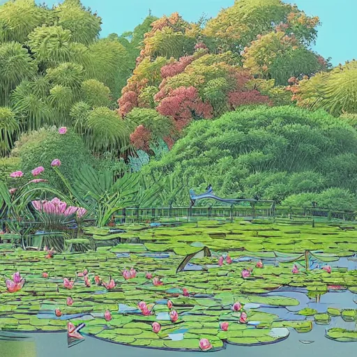 Prompt: a beautiful painting of a waterlily pond by Geof Darrow, Trending on artstation