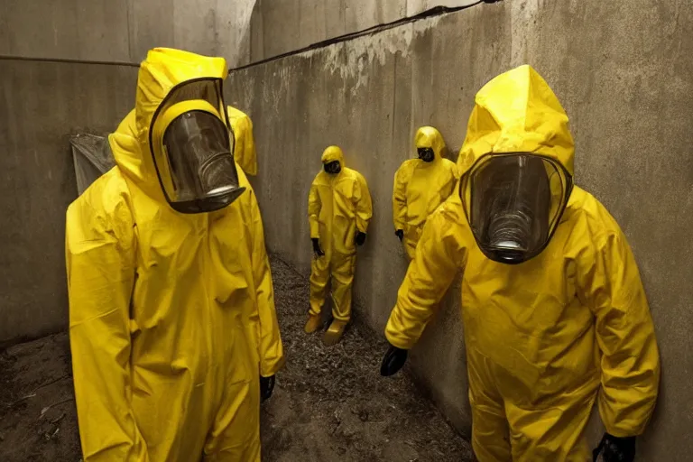 Prompt: a giant drippy meat monster grows out of control in a creepy bunker science lab asa single man in a yellow hazmat suit looks on helplessly