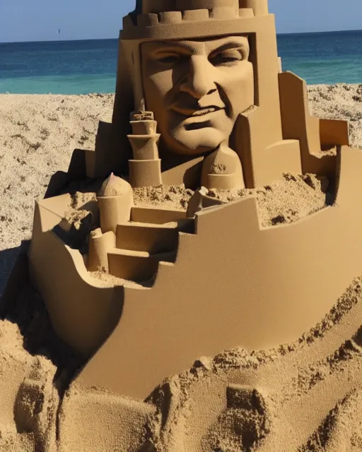 Image similar to a detailed sandcastle with the face of nathan fillion