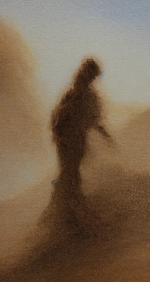 Prompt: oil painting of a lonely adventurer with one arm caught in the sandstorm of a massive dune, 4 k, detailed, landscape