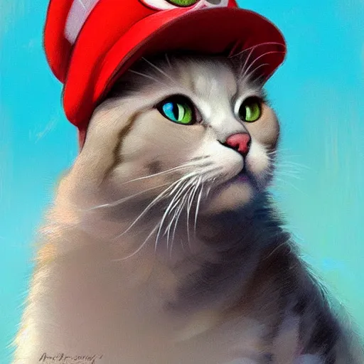 Prompt: Portrait of a Cat wearing a red Super Mario hat, kawaii aesthetic, nintendo, box art, wallpaper, highly detailed, digital painting, artstation, concept art, smooth, sharp focus, illustration, art by artgerm and greg rutkowski and alphonse mucha