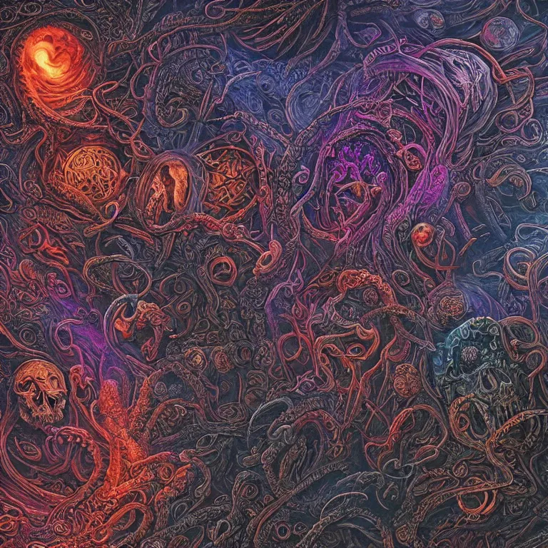 Image similar to a intricate mandala of skulls and flesh and bone with deep and intricate rune carvings and weaving lovecraftian tentacles emerging from a space nebula by dan mumford, twirling smoke trails, a twisting vortex of dying galaxies, collapsing stars, digital art, photorealistic, vivid colors, highly detailed, intricate