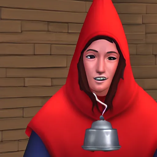 Image similar to a red hooded wizard holding a bell in sims 4 screenshot