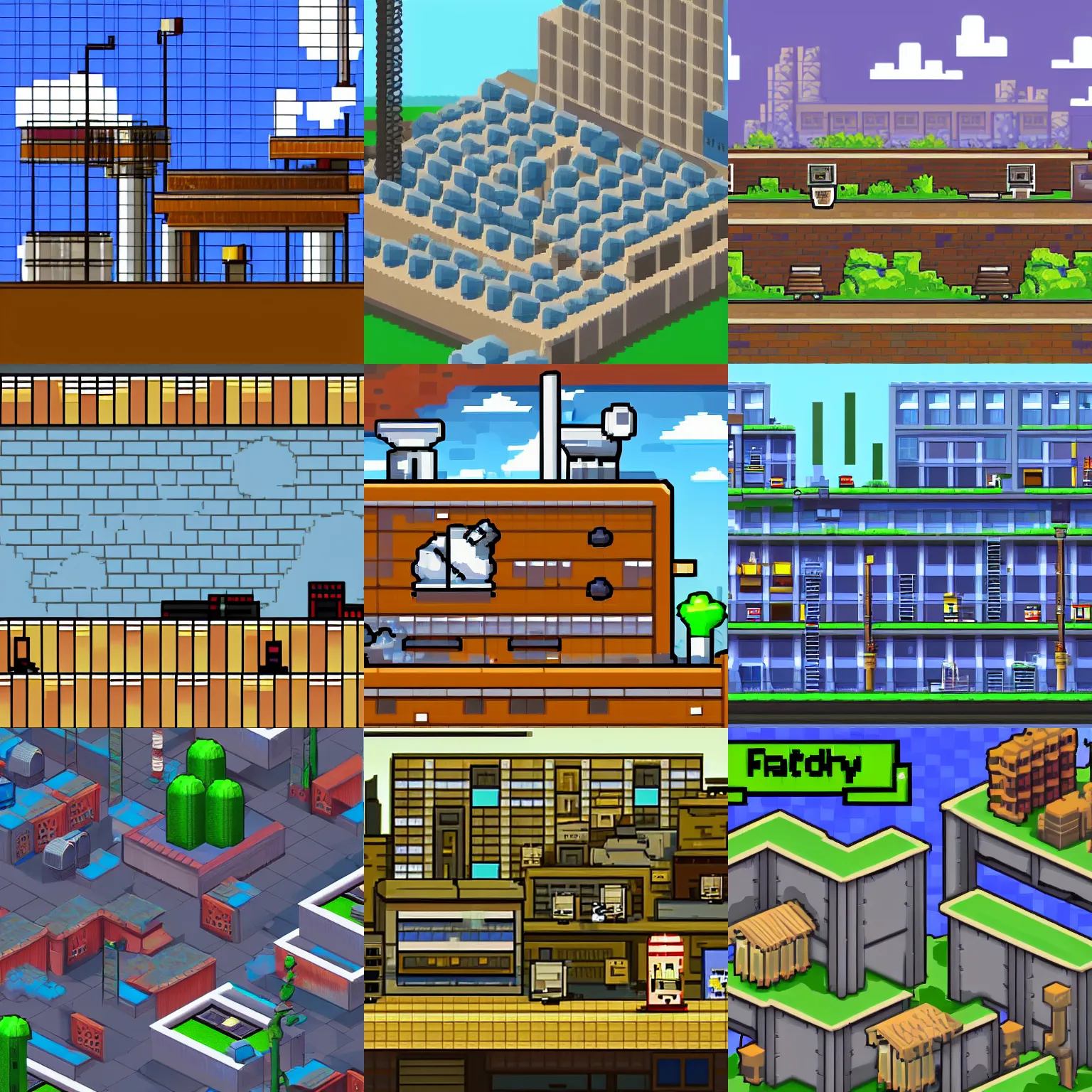 Prompt: factory and sky in background pixelated, high detail, unity 2 d, plataform 2 d game, sprite 2 d, game maker