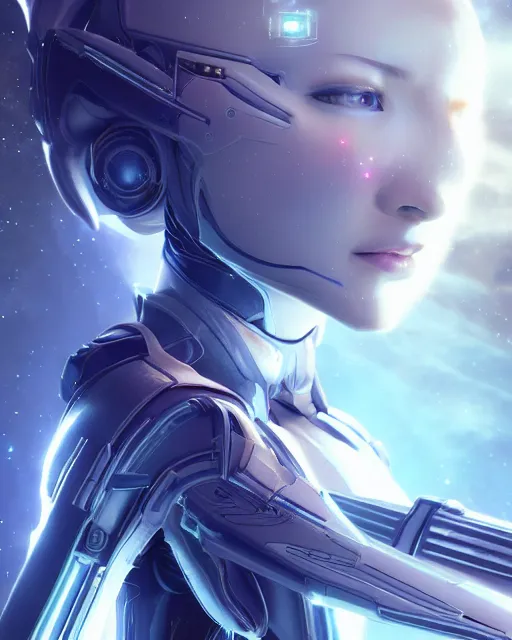 Prompt: photo of a android girl on a mothership, warframe armor, beautiful face, scifi, nebula, masterpiece, galaxy raytracing, dreamy, focused, sparks of light, attractive, long white hair, blue cyborg eyes, unique, 8 k high definition, insanely detailed, intricate, innocent, art by akihiko yoshida, antilous chao, woo kim