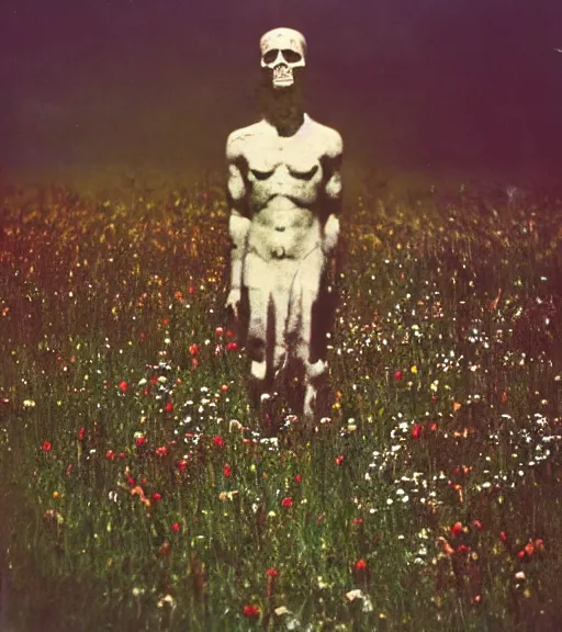 Image similar to mystical death god standing in tall meadow of flowers, distant, vintage film photo, grainy, high detail, high resolution