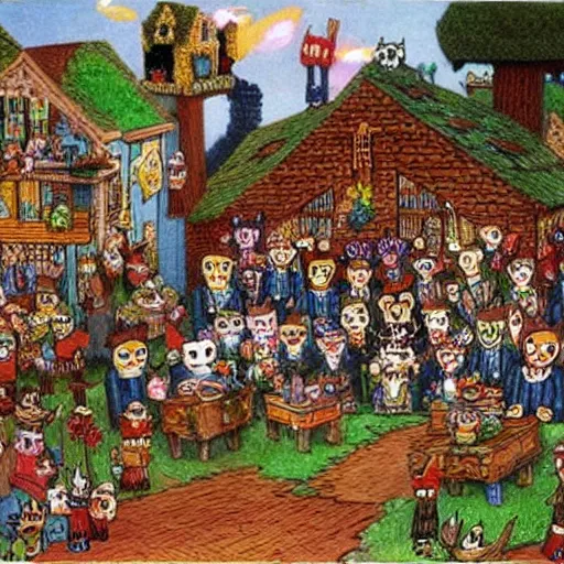 Image similar to louis wain's bachelor party with minecraft villagers instead of cats. high detail.