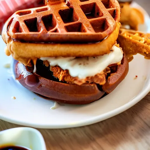 Prompt: photograph of a crispy Cajun fried chicken sandwich with Belgian Waffle Bun, maple syrup & hot fudge 4K, HD