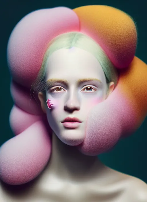 Image similar to Kodak Portra 400, 8K, soft light, volumetric lighting, highly detailed, fine art portrait photography in style of Tim Walker , britt marling face 3/4 morphing with soft pastel colors tropical fishes, metamorphosis complex 3d render , 150 mm lens, soft blur background, bust with intricate details, elegant, hyper realistic, ultra detailed, octane render, etheric, outworldly colours, emotionally evoking, head in focus, fantasy, ornamental, intricate, elegant, 8K, soft light, volumetric underwater lighting, highly detailed, Refined, Highly Detailed, soft lighting colors scheme, fine art photography, Hyper realistic, photo realistic