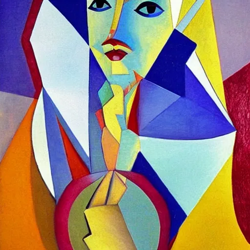 Image similar to woman in glorious robes rose up vast as the skies, old as the mountains and formless as starlight to shelter the precious memories, matter, messages, abstract art in the style of cubism and georgia o keefe