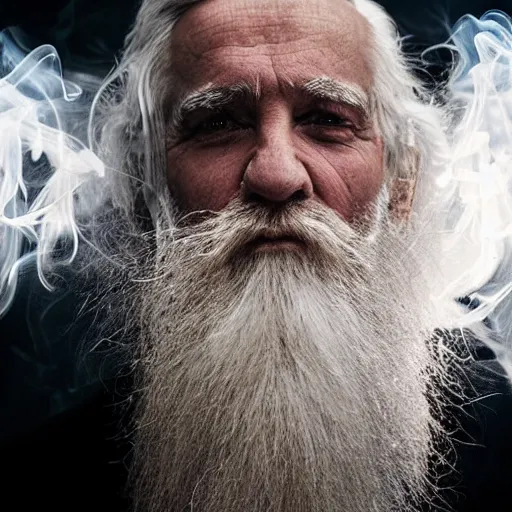 Image similar to portrait of bearded old man with long white hair, the smoke meets his white hair, highly detailed, intricate complexity, epic composition, magical atmosphere, cinematic lighting, masterpiece, ultra hd