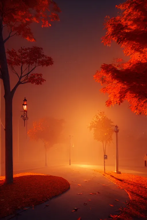 Image similar to sleepy autumn neighborhood at dusk, hyper realistic, ambient lighting, concept art, intricate, hyper detailed, smooth, dynamic volumetric lighting, octane, raytrace, cinematic, high quality, high resolution, 4 k, artstation