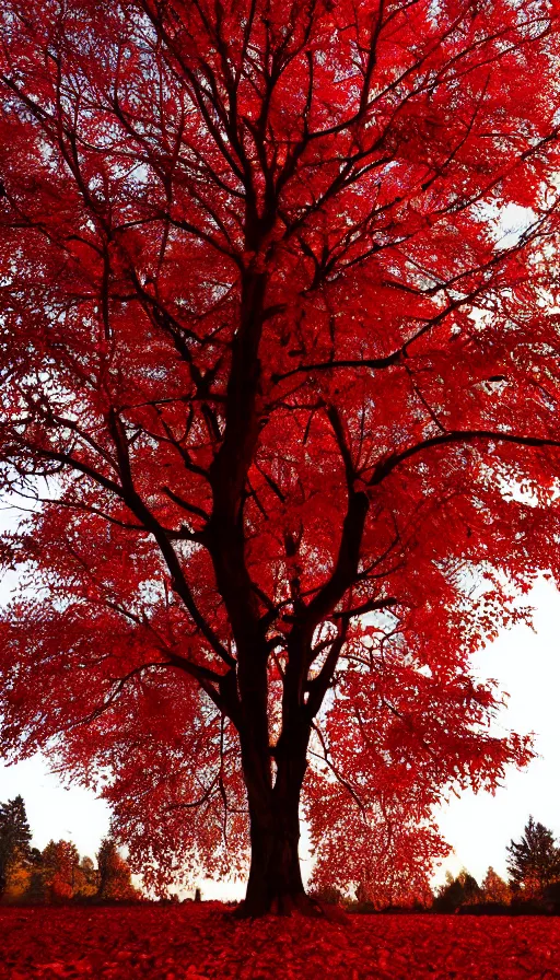 Prompt: beautiful autumn tree with red leaves, melancholy autumn light, blood pumping through veins, blood red leaves, blood vessels stretching out intricately, biological beauty, sinister, atmospheric HD photograph, depth of field