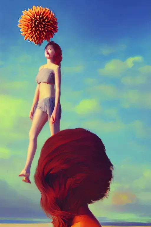 Image similar to closeup giant dahlia flower head, girl standing on beach, surreal photography, blue sky, sunrise, dramatic light, impressionist painting, digital painting, artstation, simon stalenhag