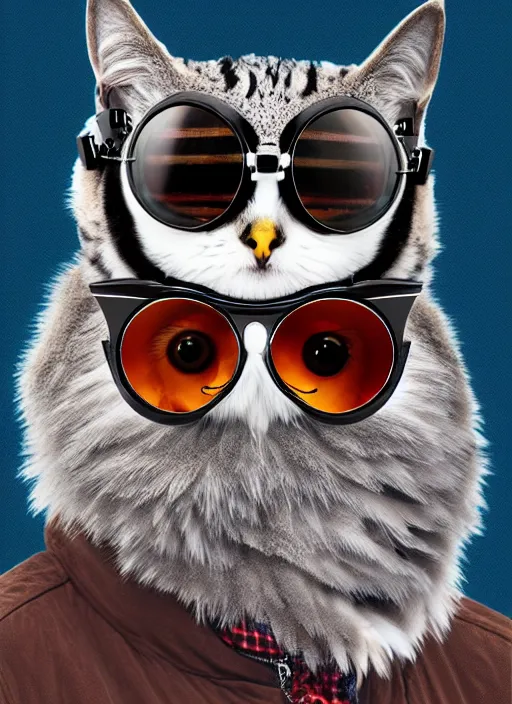 Image similar to a cat owl hybrid digital art wearing aviator goggles and jacket